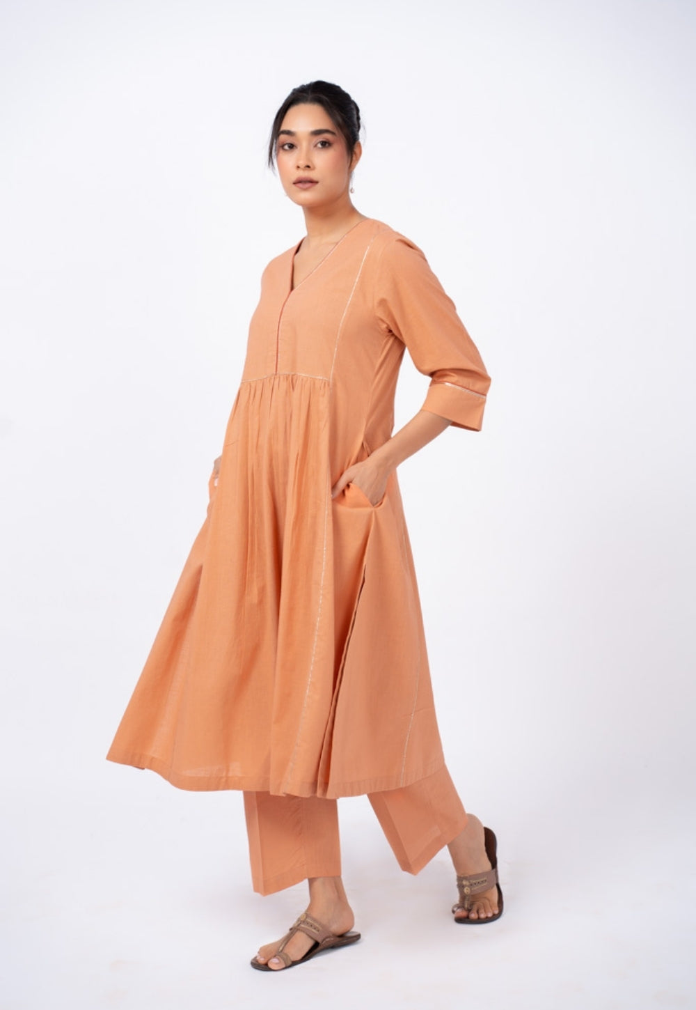 Urvi Orange Solid Slub Cotton Kali Kurta Suit Set with Solid Dupatta (Set of 3)