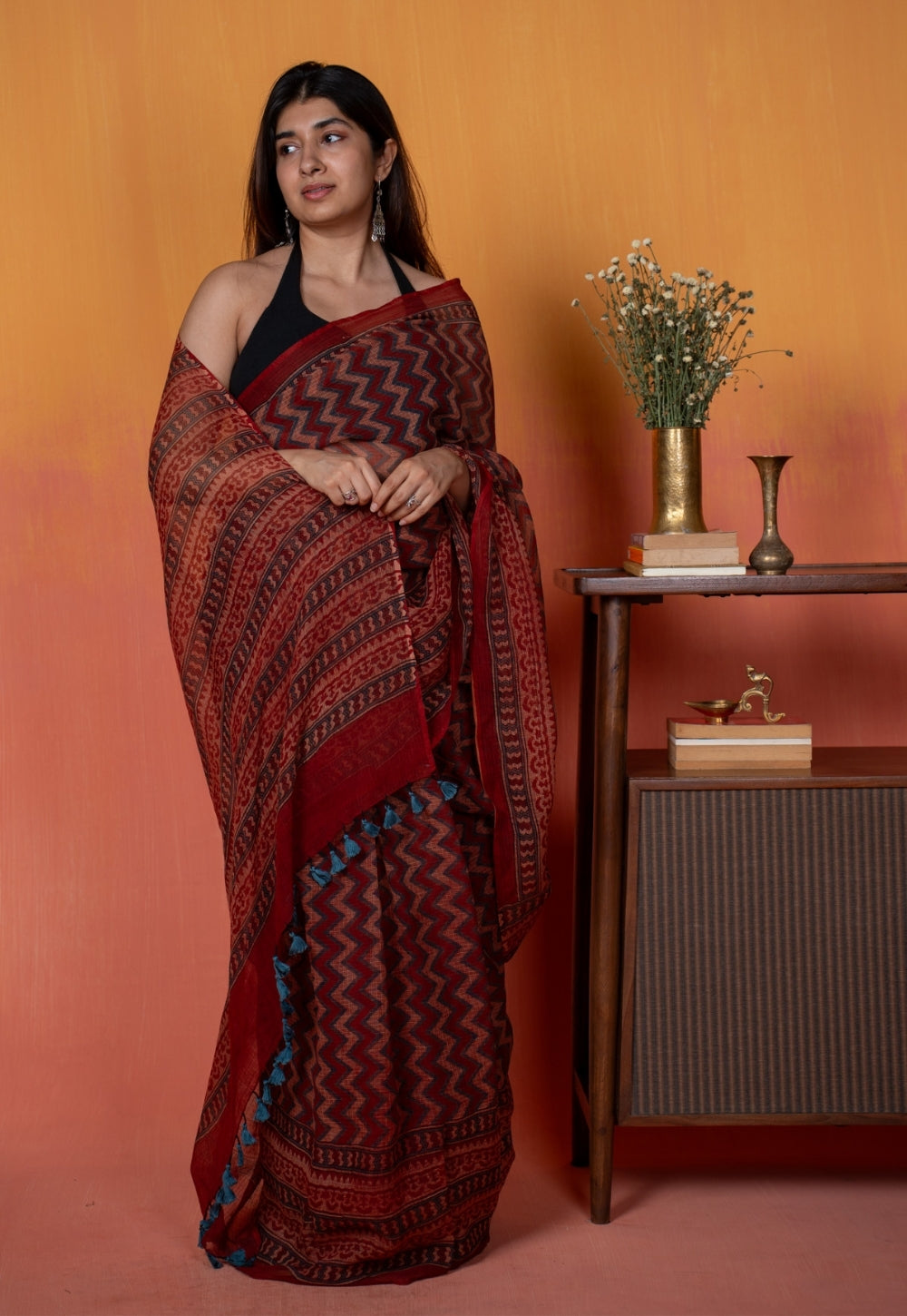Red Chevron Ajrakh Hand Block Print Kota Doria Cotton Saree