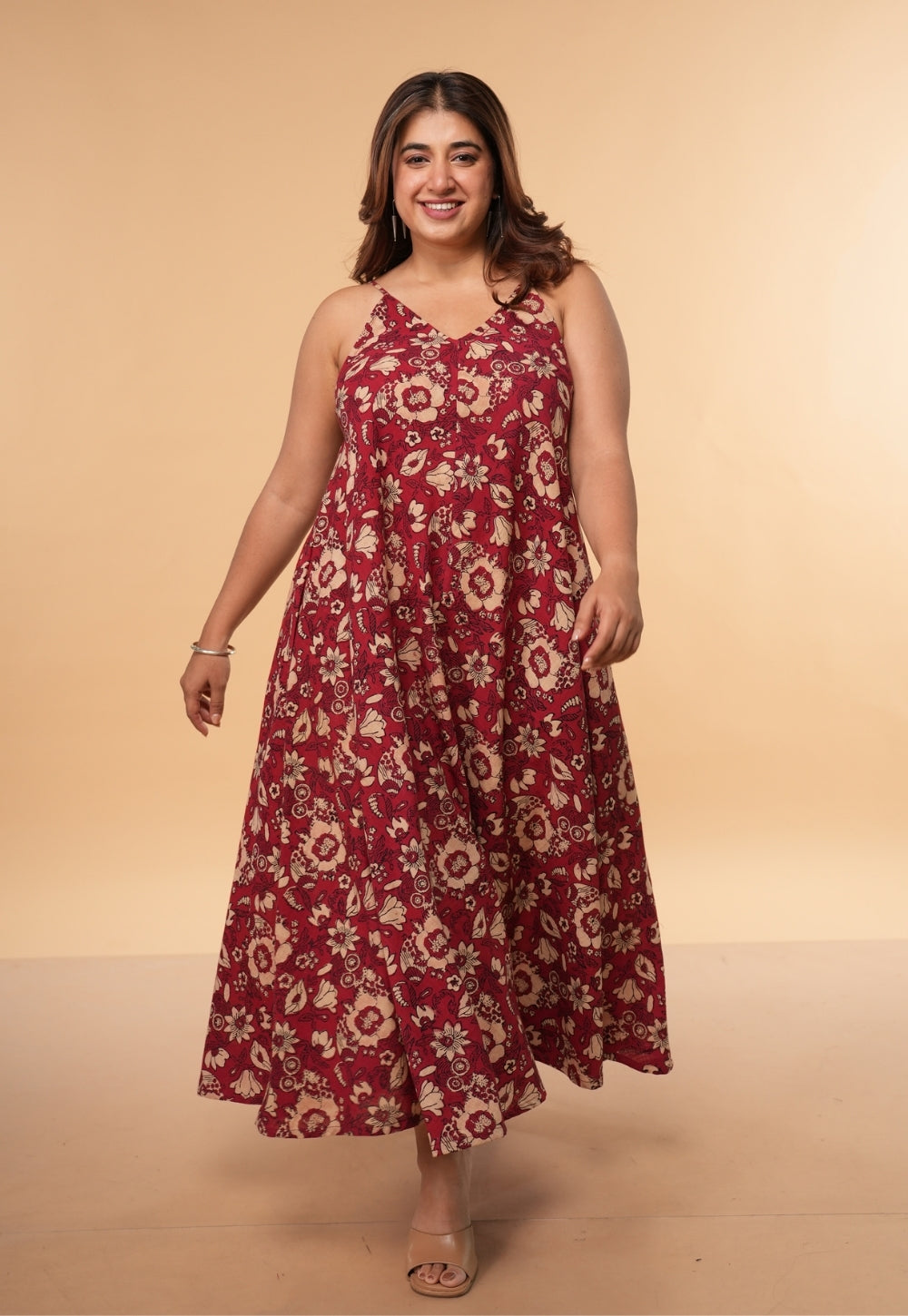 Sonam Red Dabu Slub Cotton A Line Dress