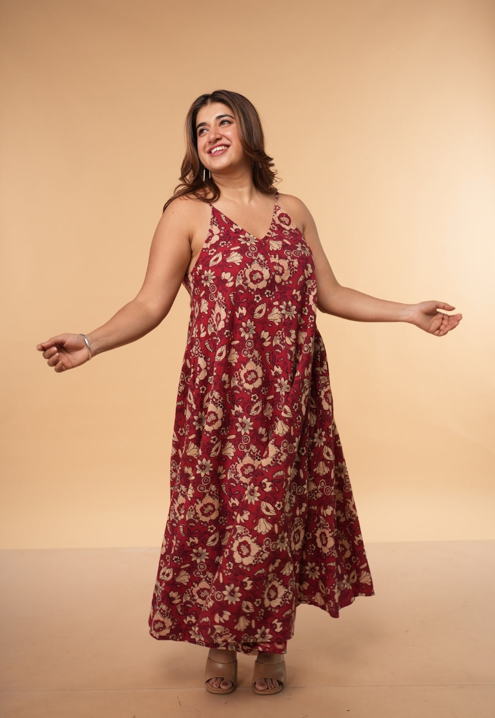 Sonam Red Dabu Slub Cotton A Line Dress