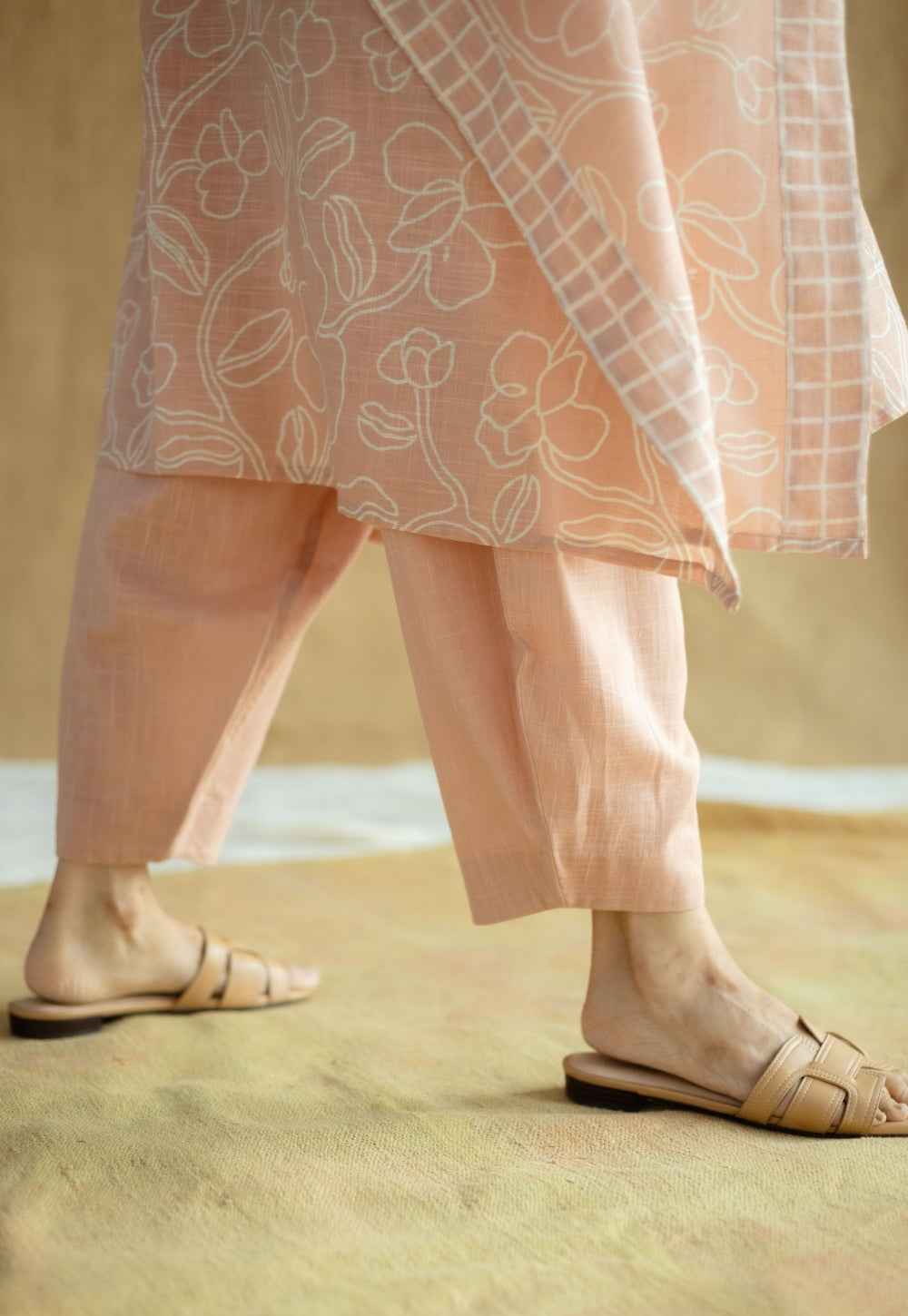 Sadiya Peach Hand Block Print Slub Cotton Anti-Fit Kaftan