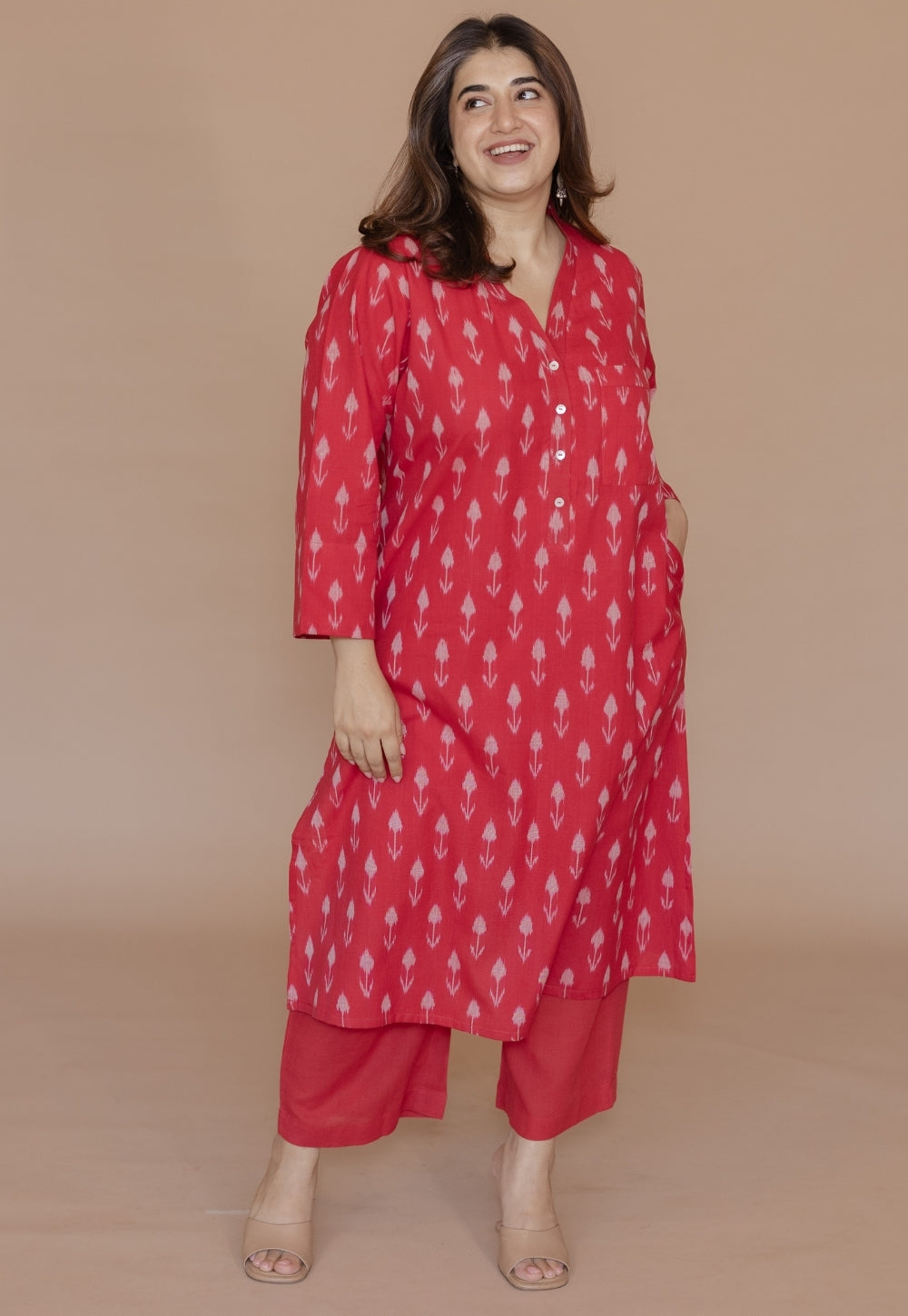 Rusha Red Handloom Ikkat Cotton Straight Kurta