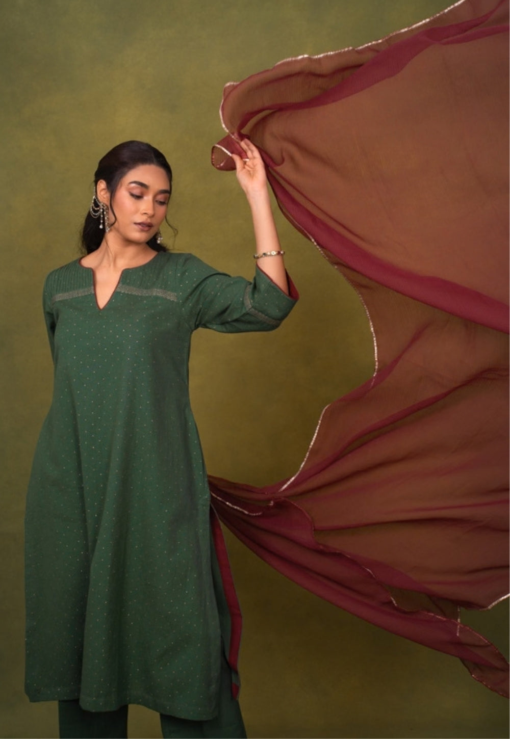 Ishira Green Rogan Handblock Printed Cotton Straight Kurta Suit Set (Set of 3)