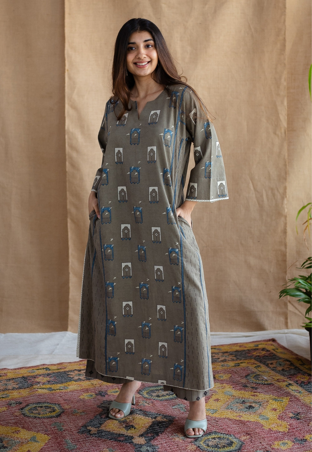 Yashi Warm Grey Ajrakh Cotton Straight Pant