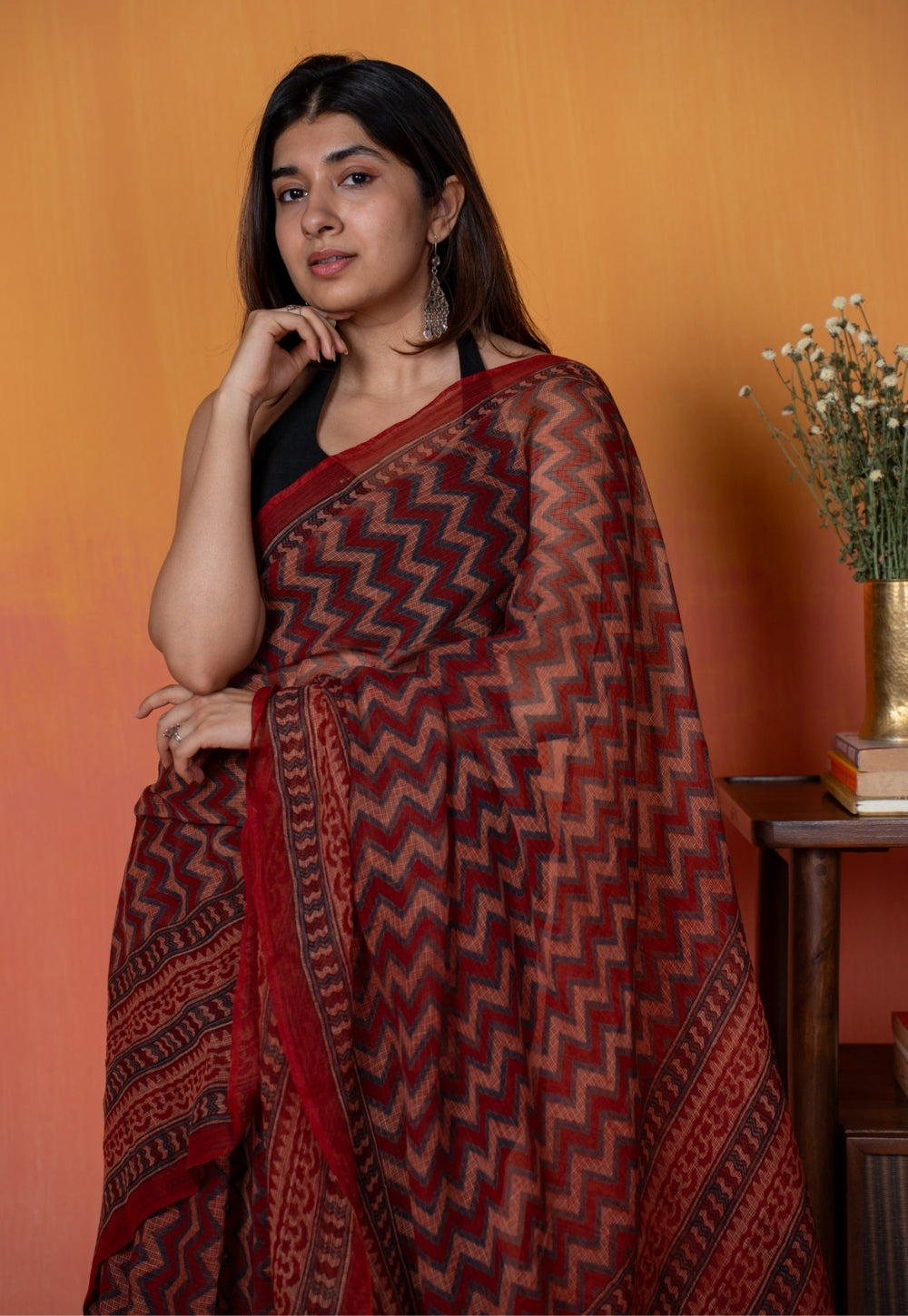 Red Chevron Ajrakh Hand Block Print Kota Doria Cotton Saree