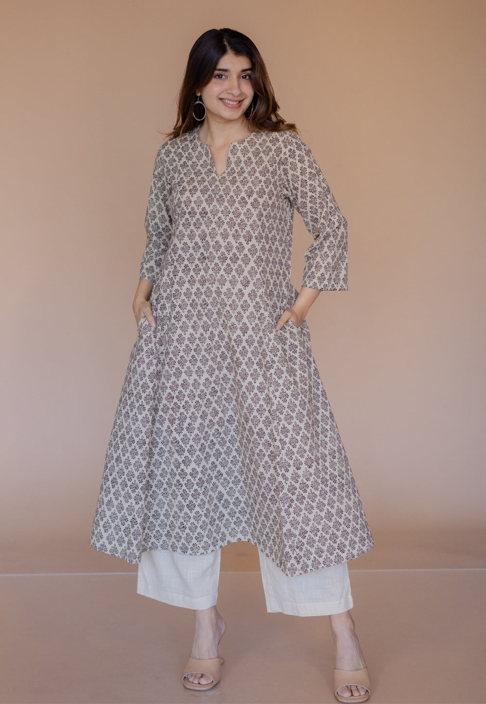 Malika Off White Bagru Cotton Kali Kurta