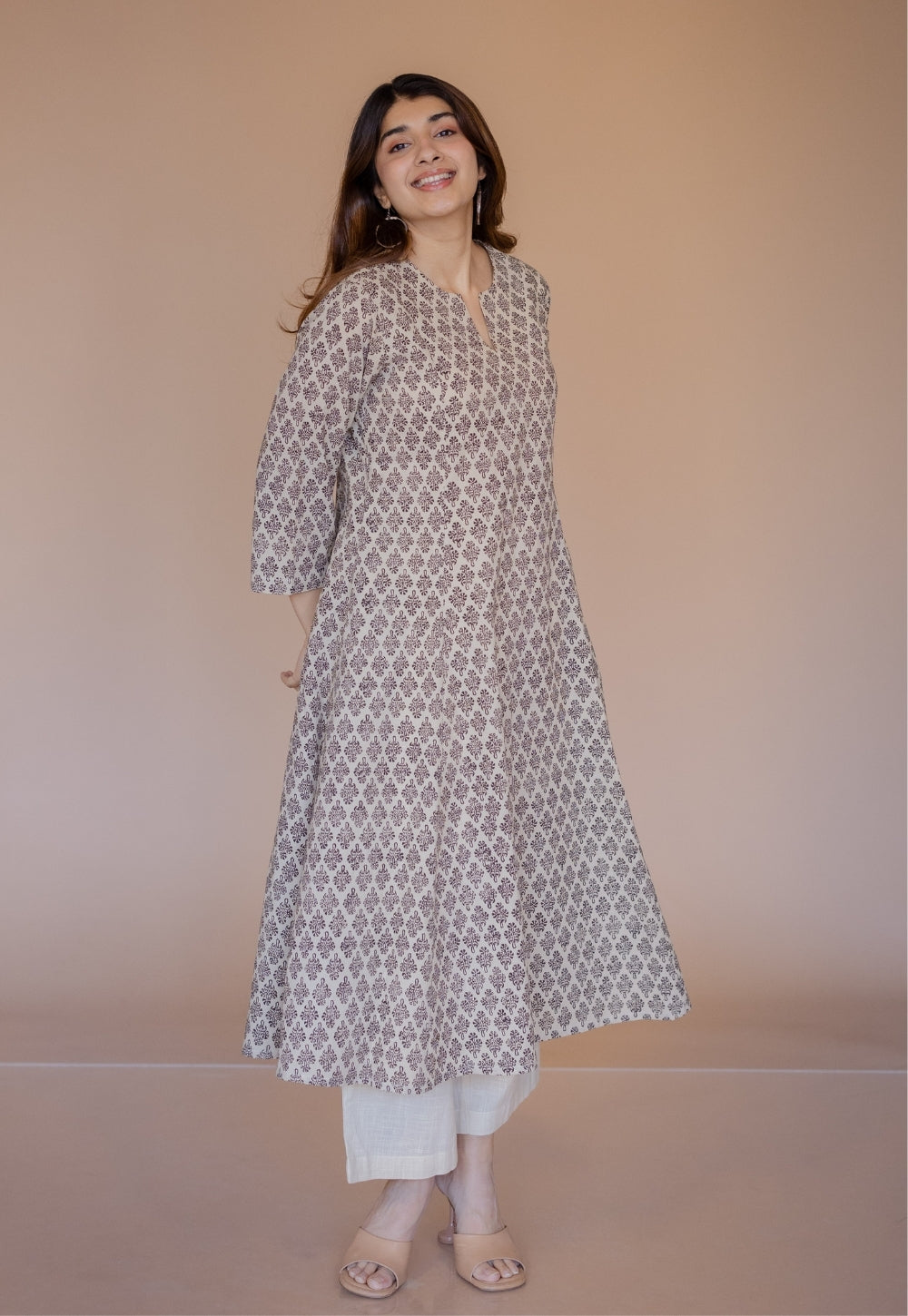 Malika Off White Bagru Cotton Kali Kurta