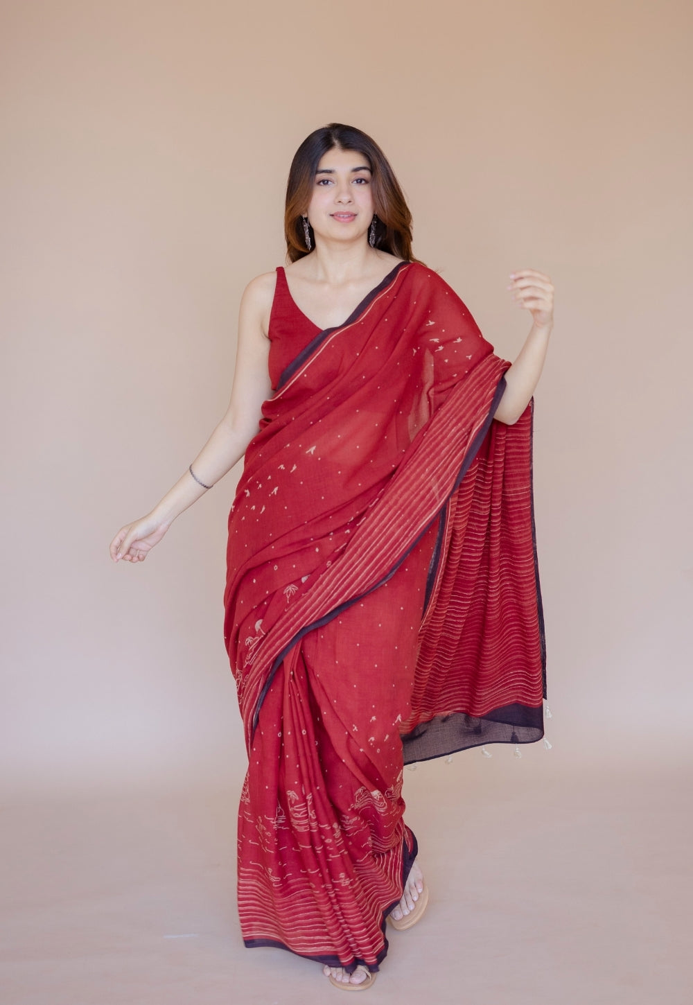 Red Stripes Ajrakh Hand Block Print Mul Saree