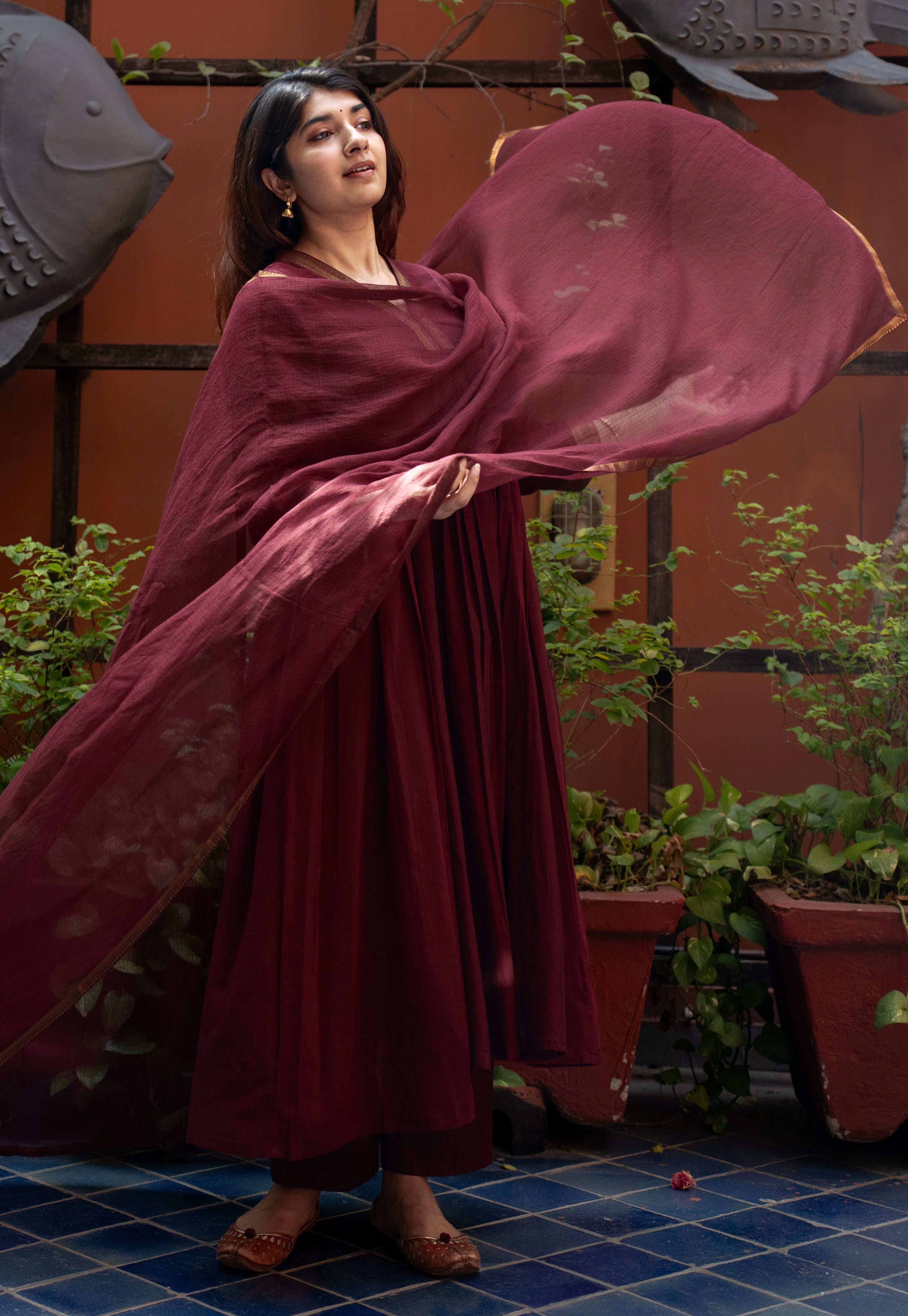 Wine Solid Kota Doria Cotton Dupatta with Mangalgiri Border