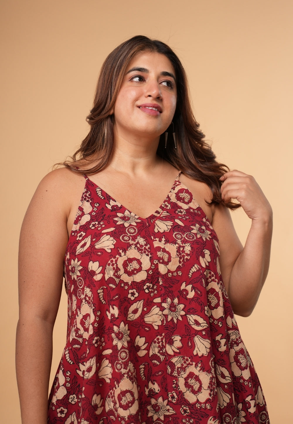 Sonam Red Dabu Slub Cotton A Line Dress