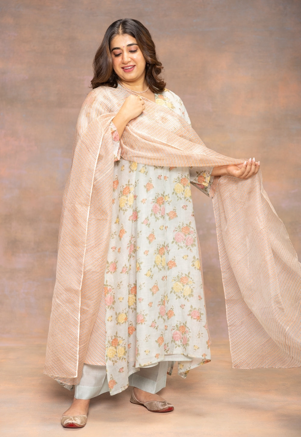 Rosalie Blue Sanganeri Chanderi Silk A Line Kurta with Hand Embroidery and Slip