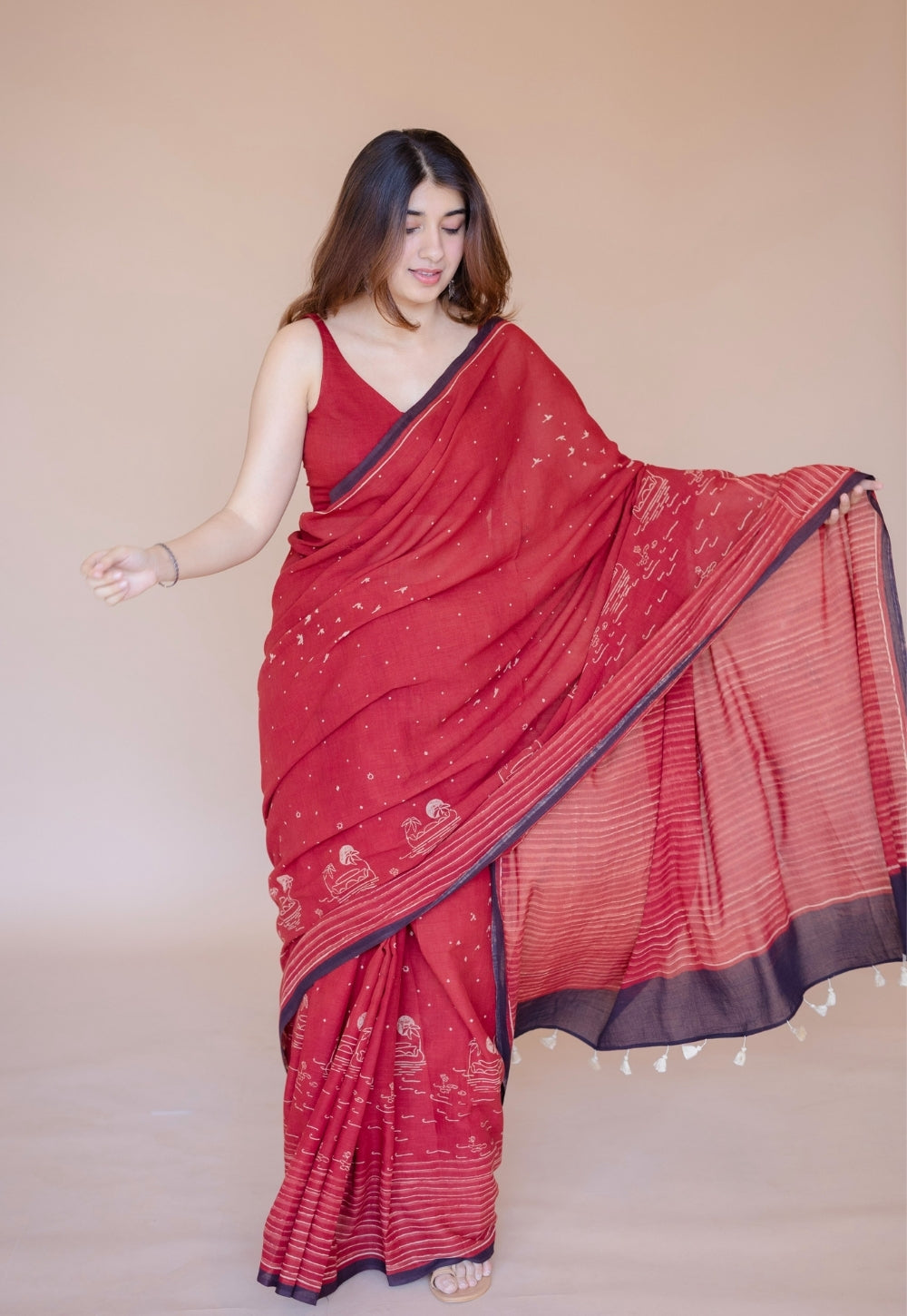 Red Stripes Ajrakh Hand Block Print Mul Saree