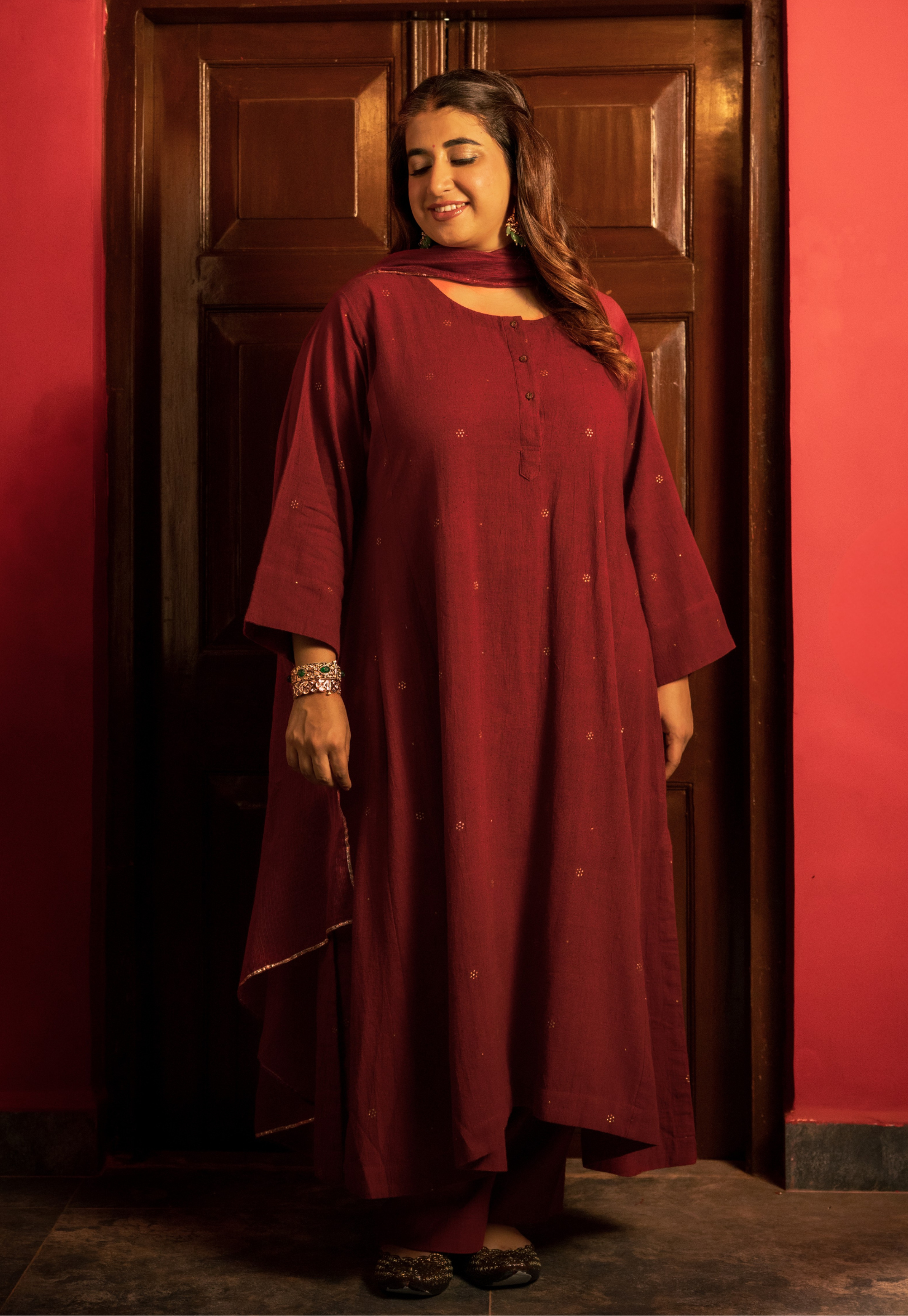 Alizah Red Rogan Handblock Printed Cotton Flex Suit Set (Set of 3)
