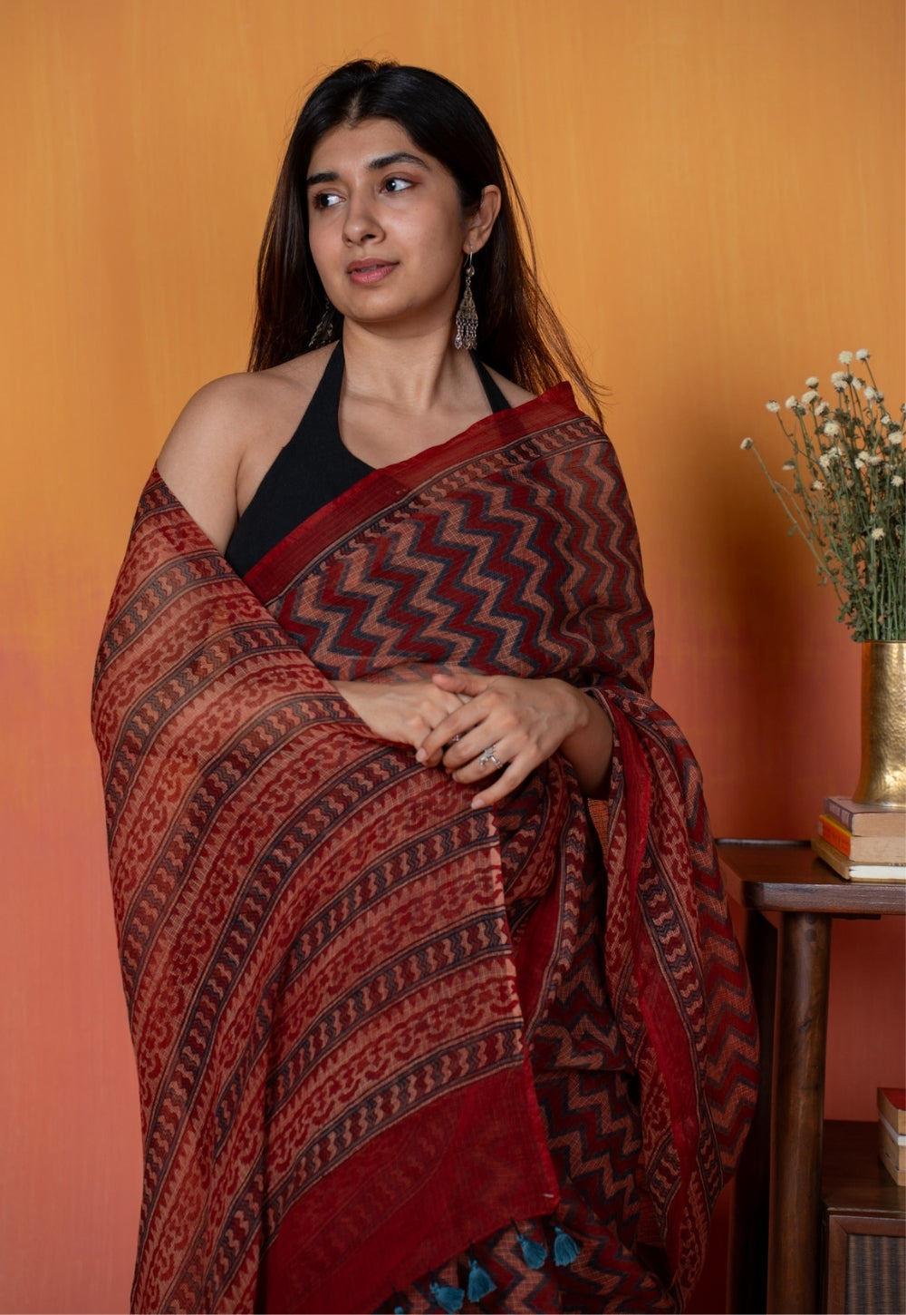 Red Chevron Ajrakh Hand Block Print Kota Doria Cotton Saree
