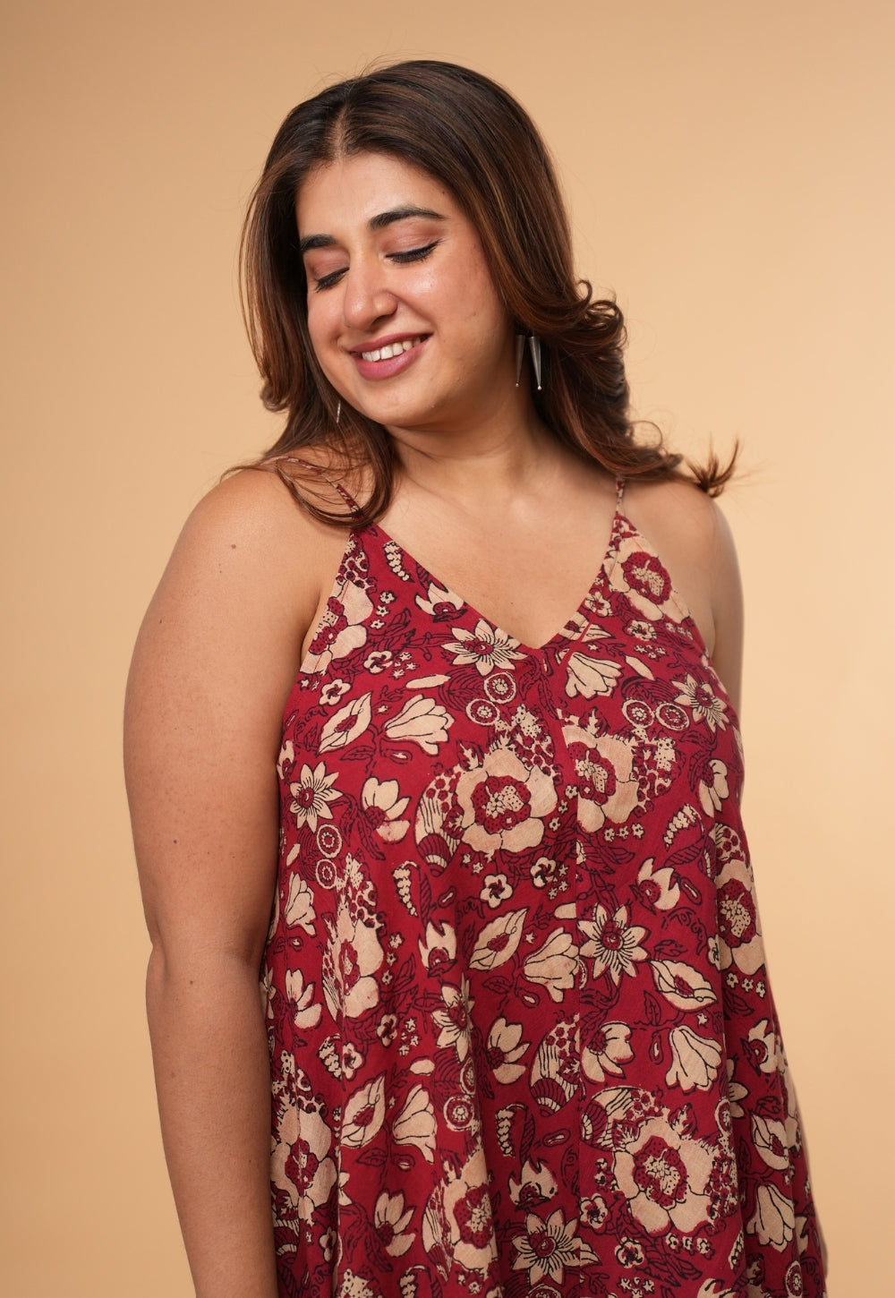 Sonam Red Dabu Slub Cotton A Line Dress