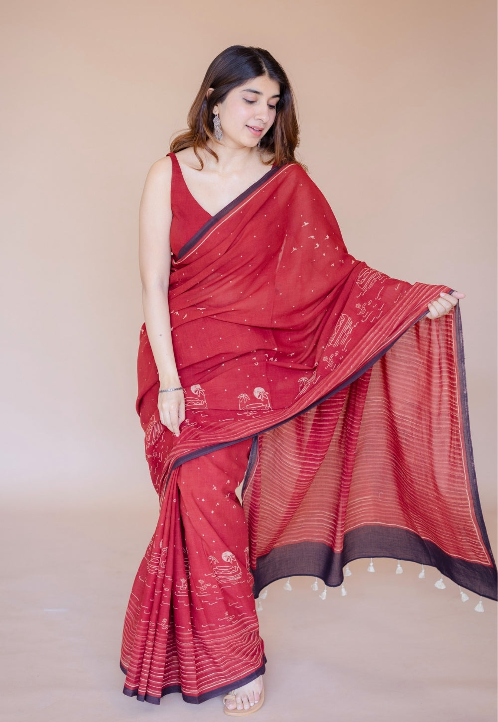 Red Stripes Ajrakh Hand Block Print Mul Saree