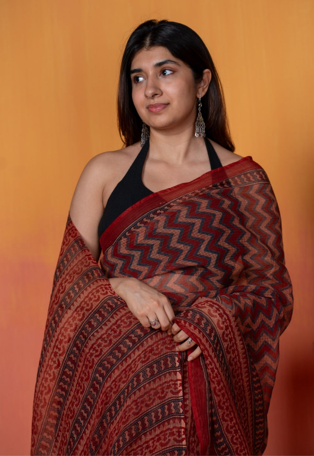 Red Chevron Ajrakh Hand Block Print Kota Doria Cotton Saree