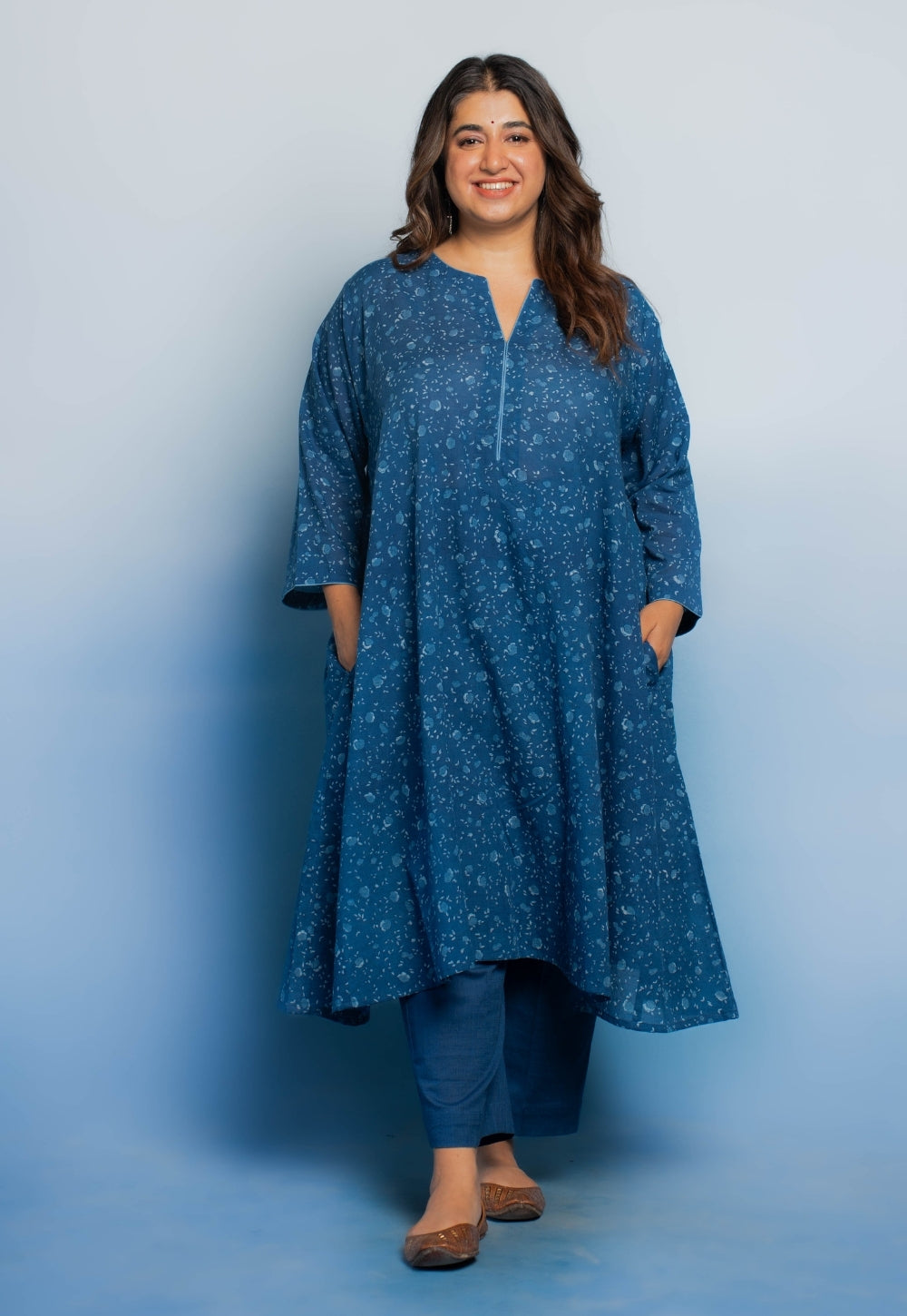 Garima Blue Dabu Mul Cotton Jhabbha Kali Kurta