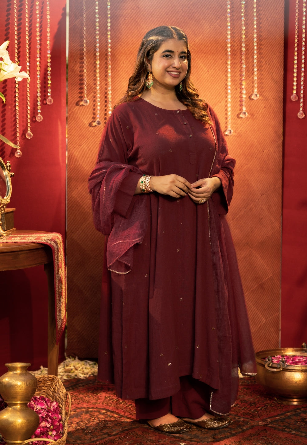 Alizah Maroon Rogan Handblock Printed Cotton Jhabbha Kali Suit Set (Set of 3)