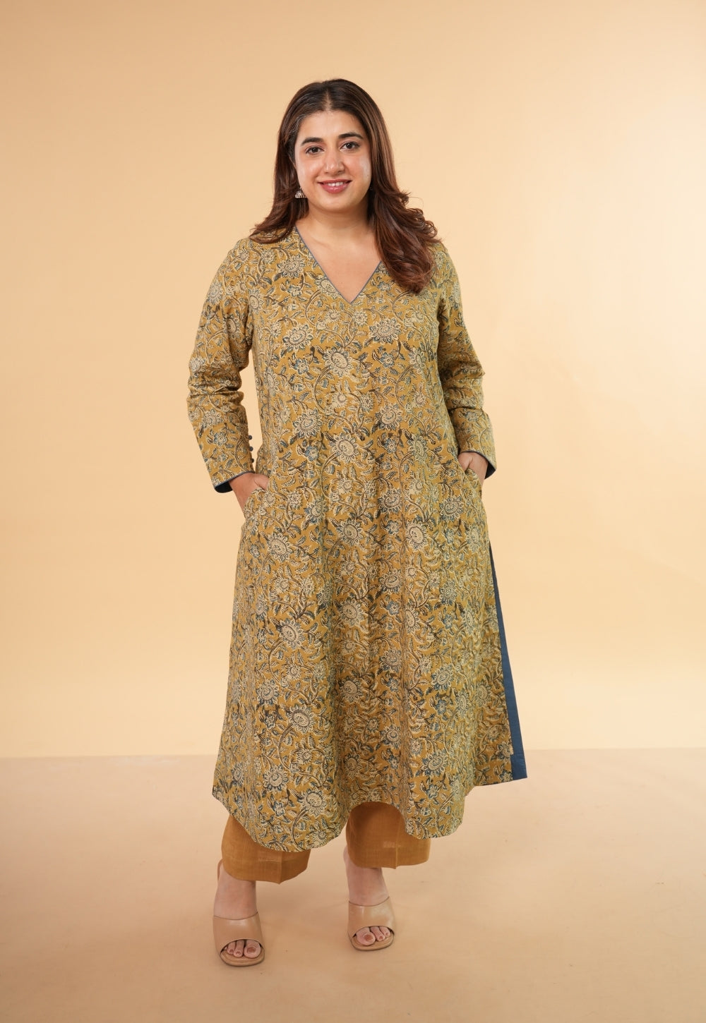 Rifaa Yellow Kalamkari Cotton A Line Kurta