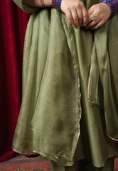 Olive Green Solid Kota Doria Silk Dupatta with Mukaish Embroidery