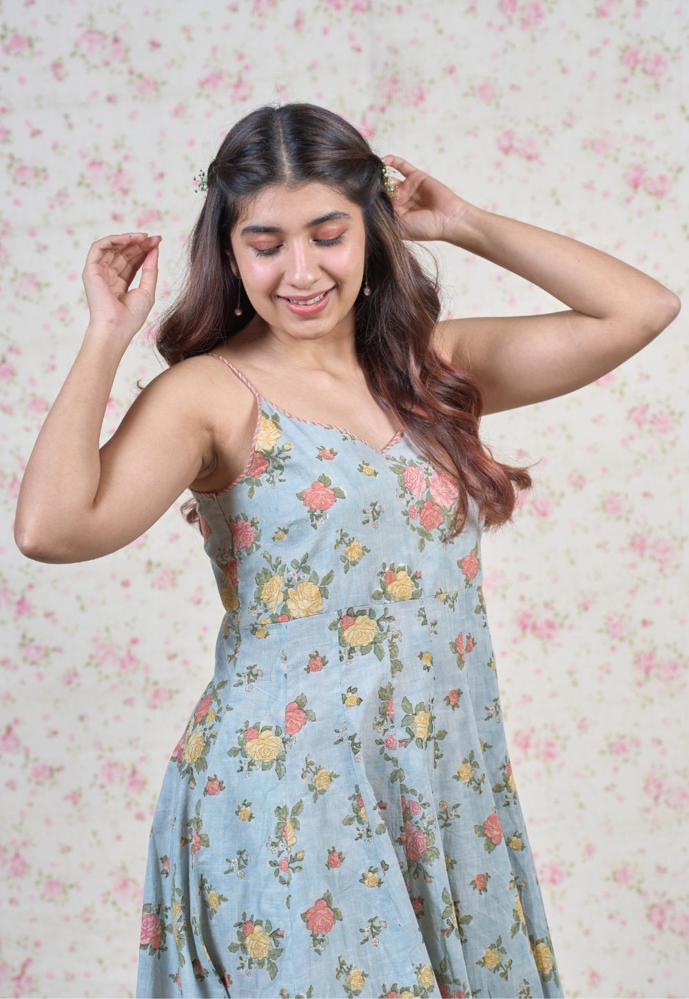 Emma Blue Sanganeri Slub Cotton A Line Dress