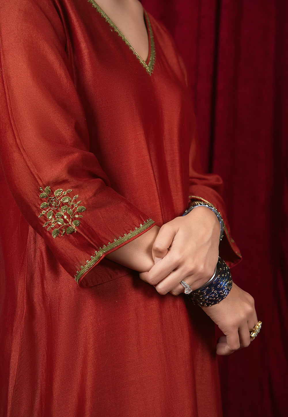 Amita Red Solid Chanderi Silk A Line kurta with Hand Embroidery