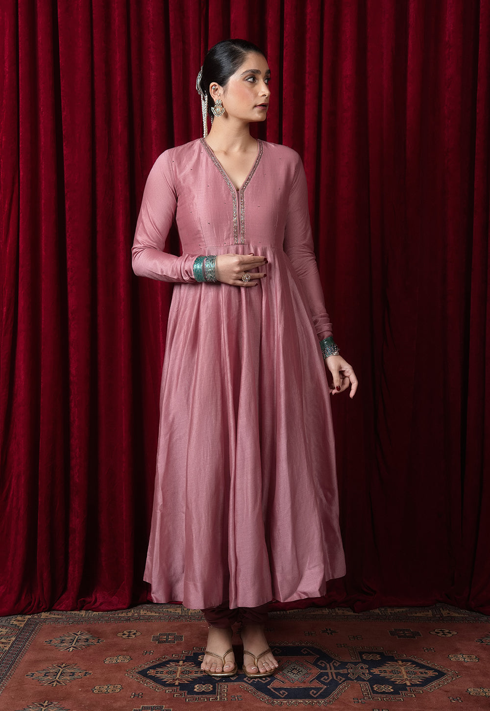 Husna Pink Solid Chanderi Silk Kali Kurta with Hand Embroidery