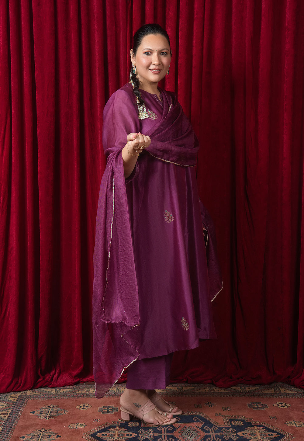 Purple Solid Kota Doria Silk Dupatta with Mukaish Embroidery