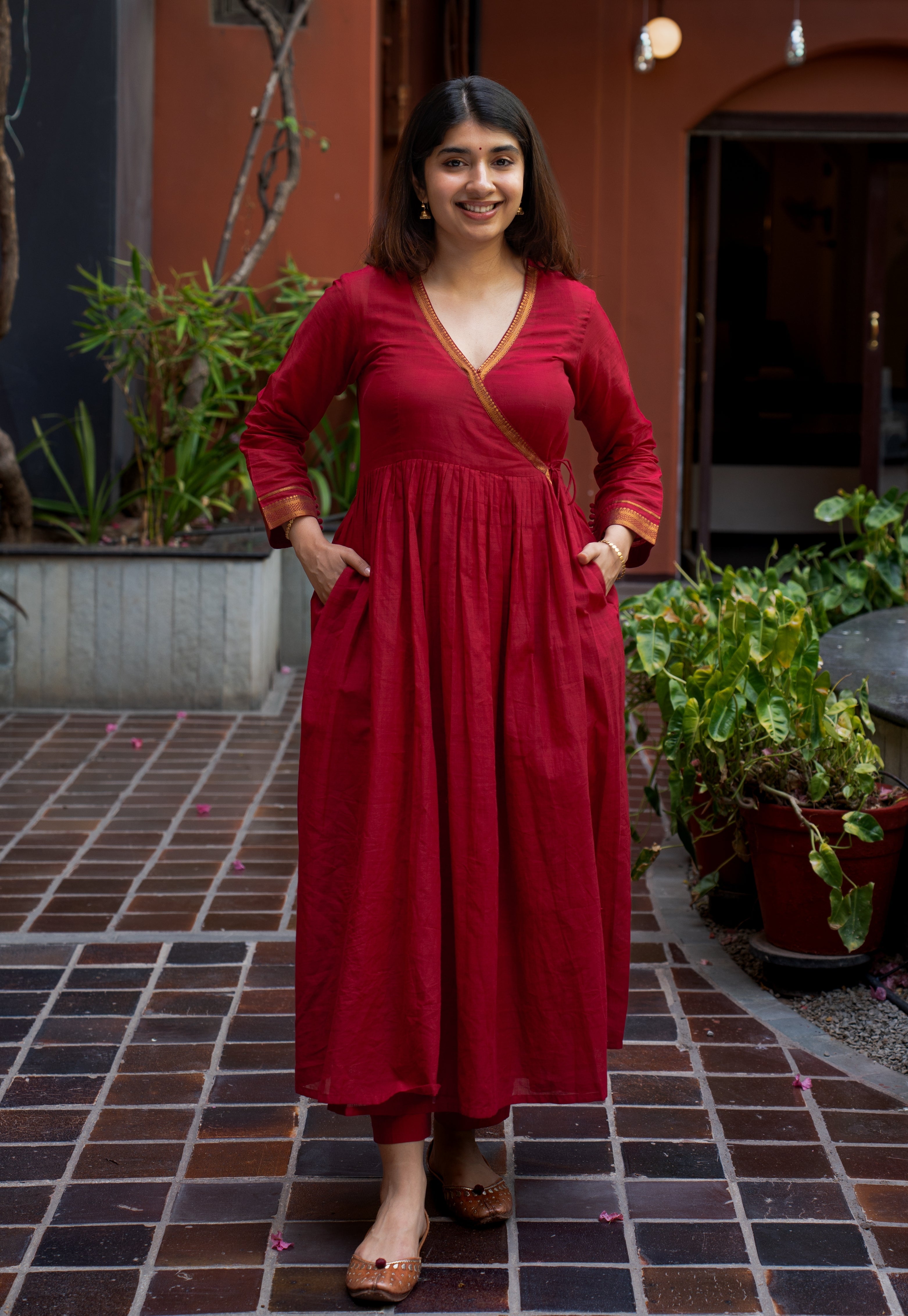 Jina Red Mangalgiri Cotton Angarakha Kurta with Nizam Border