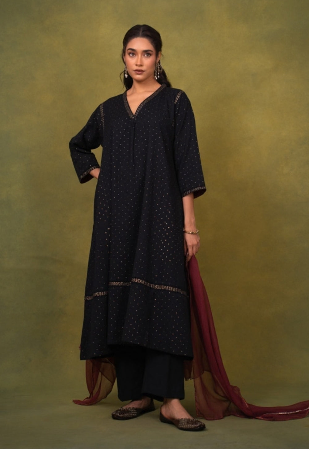 Qainat Black Rogan Handlock Printed Cotton Jhabbha Kali Kurta Suit Set (Set of 3)