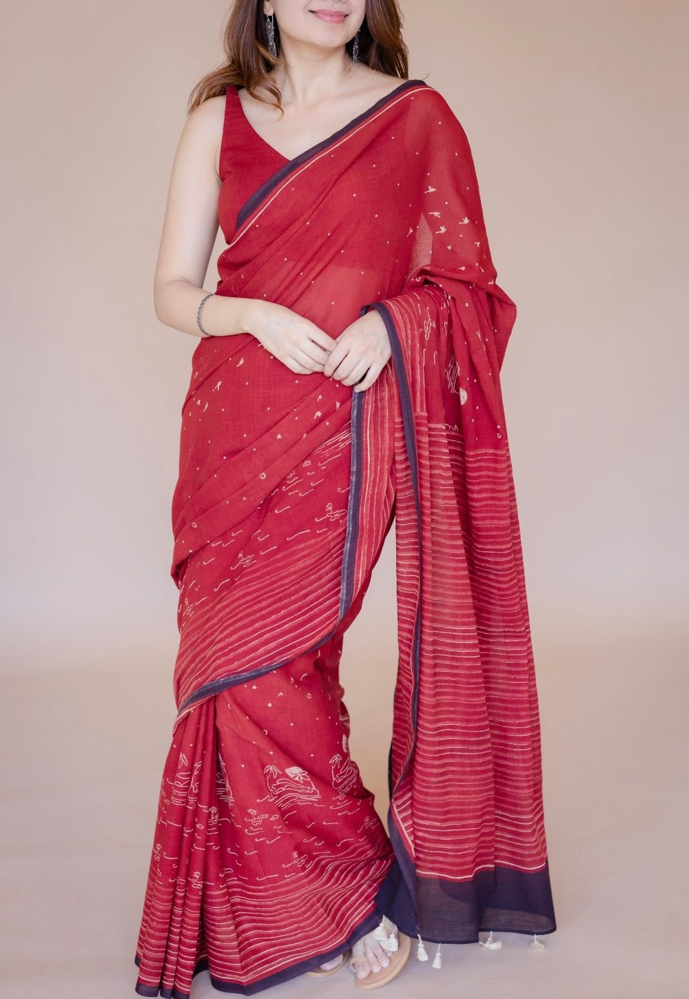 Red Stripes Ajrakh Hand Block Print Mul Saree