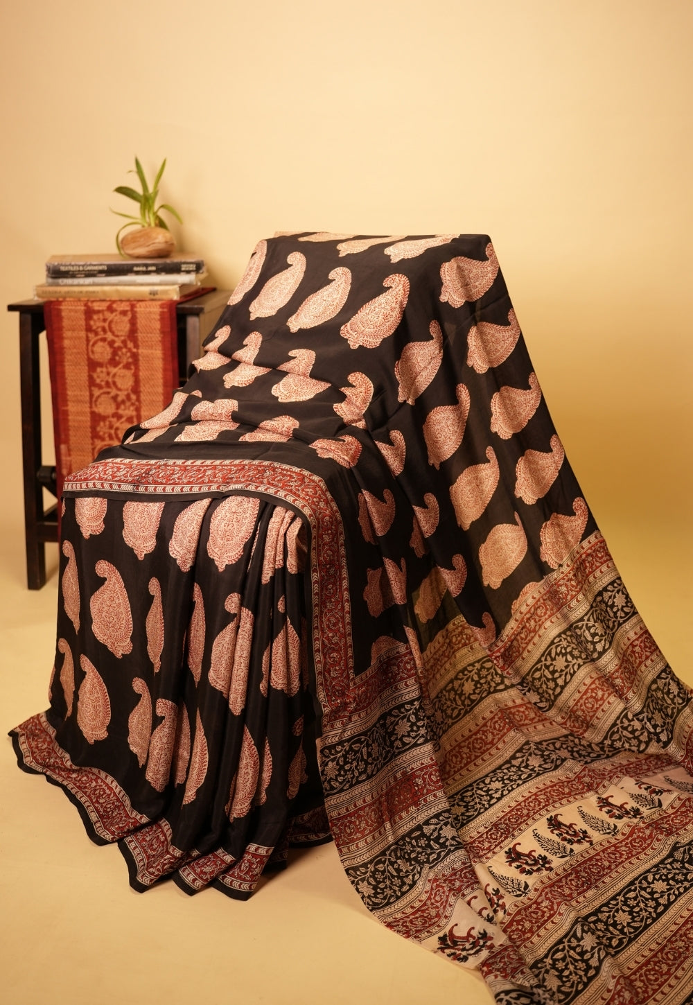 Black Paisley Bagru Hand Block Print Modal Saree