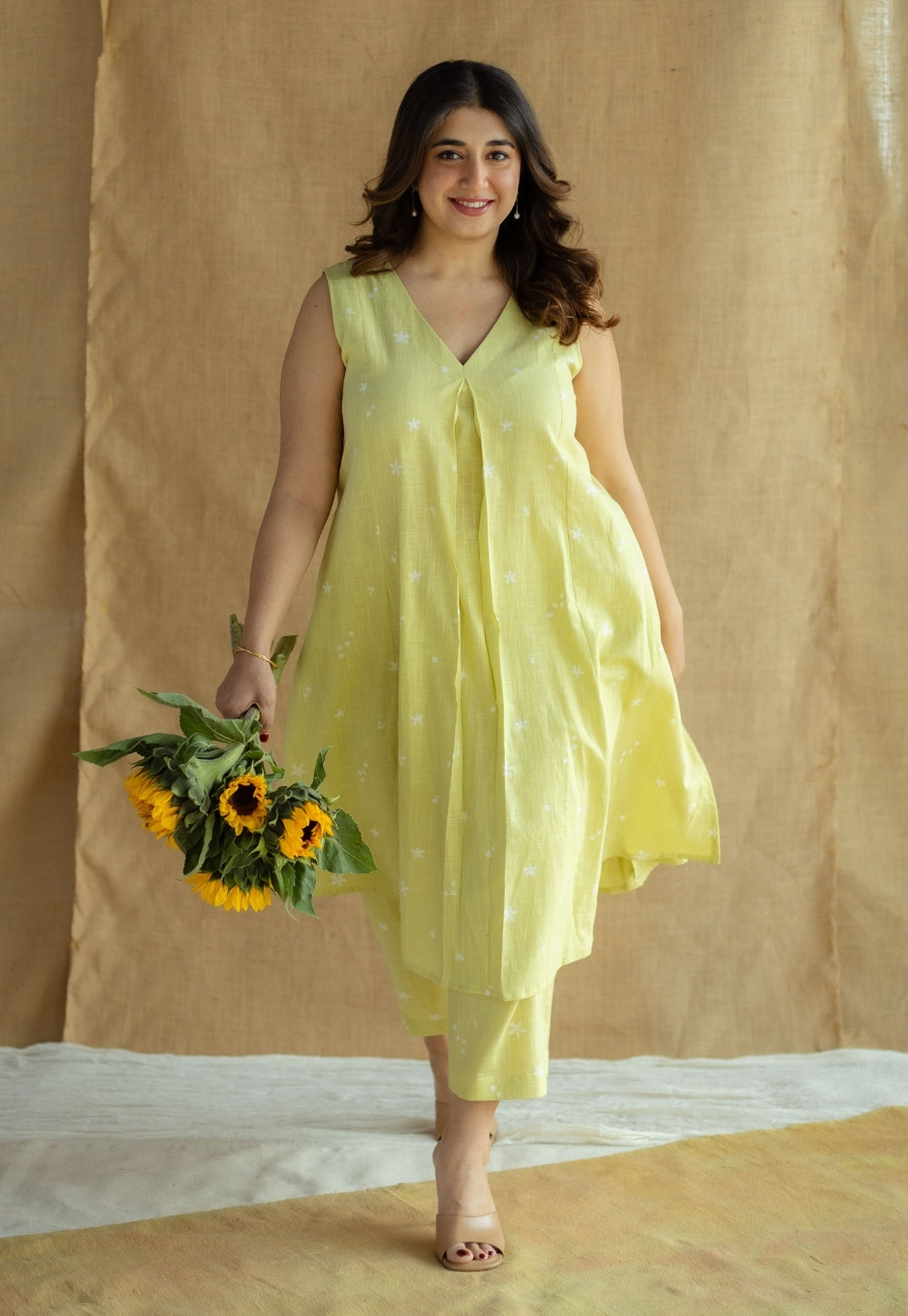 Raahi Lime Green Hand Block Print Slub Cotton A Line Kurta