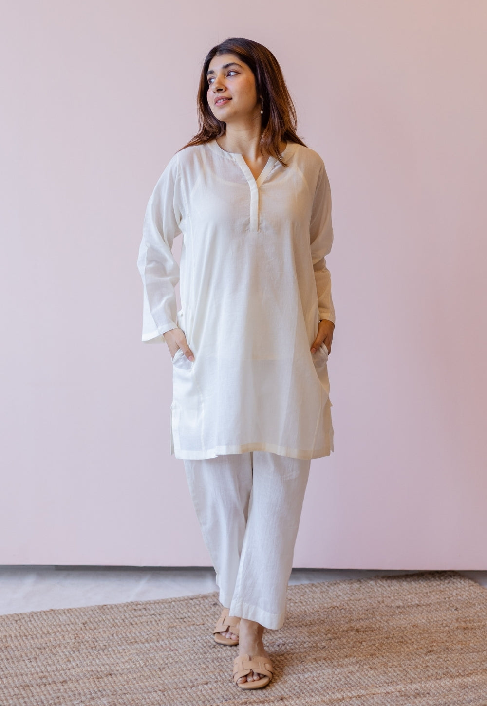 Veda Off White Solid Handloom Cotton A Line Kurta