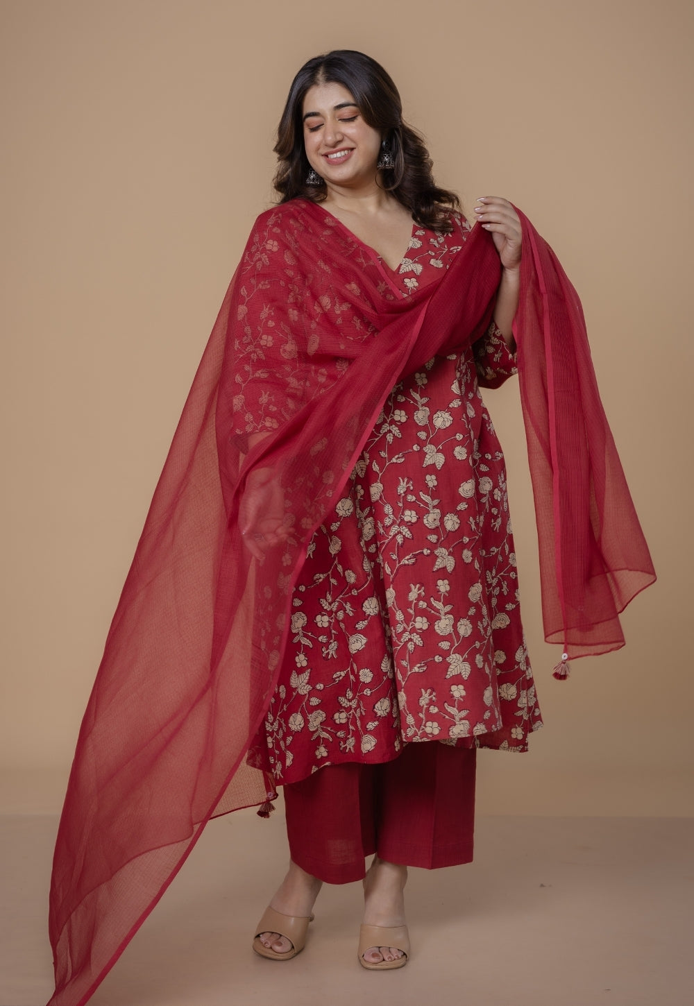 Red Solid Kota Doria Dupatta with Tassels