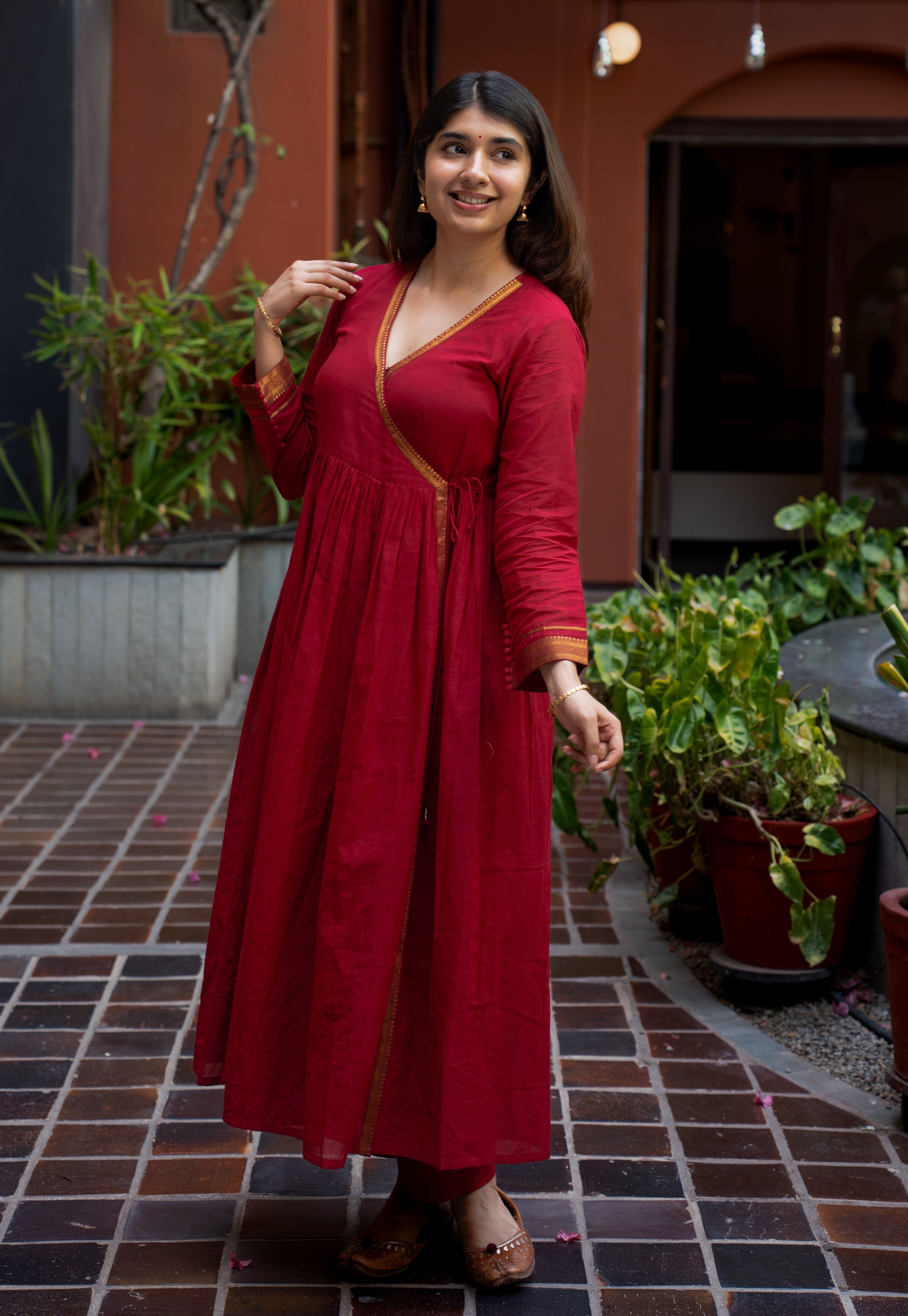 Jina Red Mangalgiri Cotton Angarakha Kurta with Nizam Border