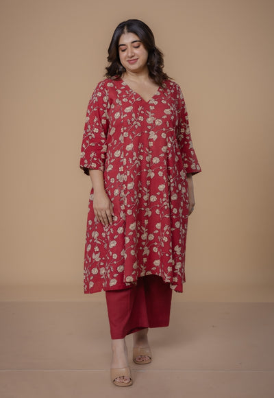 Smriti Red Dabu Slub Cotton Kali Kurta