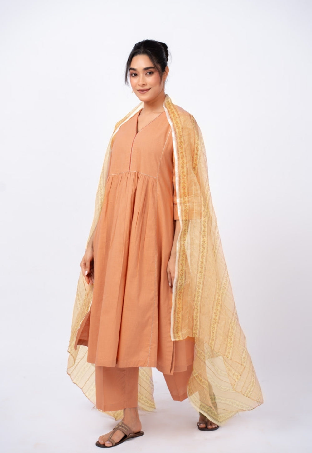 Urvi Orange Solid Slub Cotton Kali Kurta Suit Set with Printed Dupatta (Set of 3)