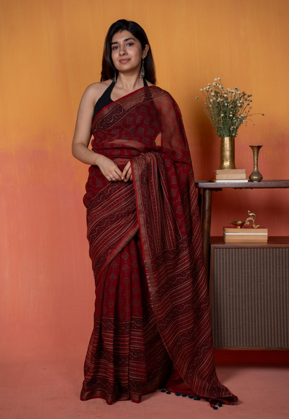 Red Aztec Ajrakh Hand Block Print Kota Doria Cotton Saree