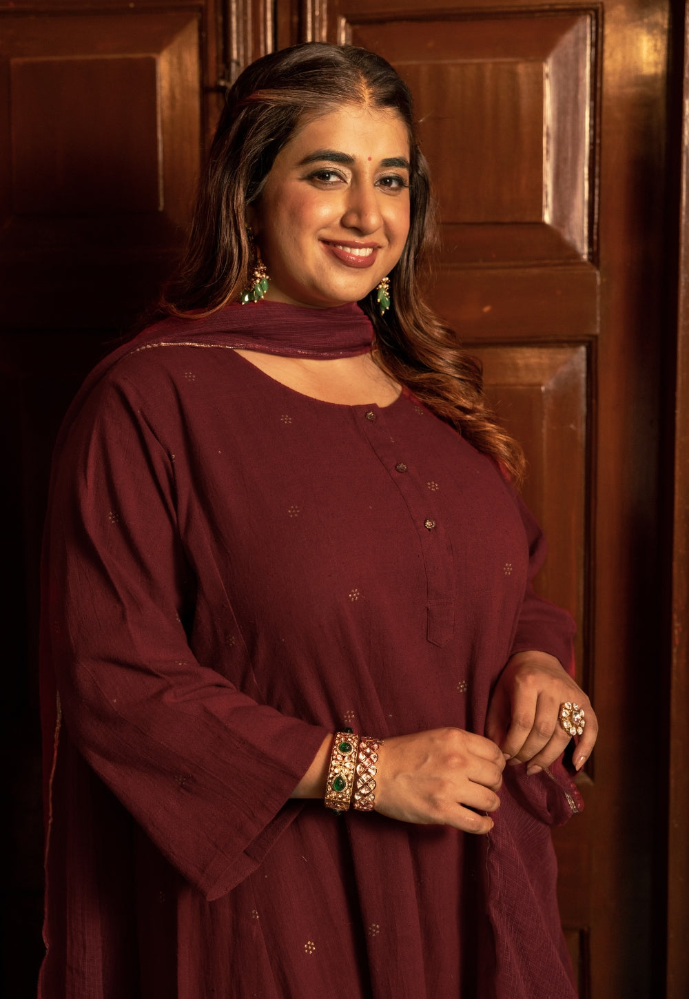 Alizah Maroon Rogan Handblock Printed Cotton Jhabbha Kali Suit Set (Set of 3)