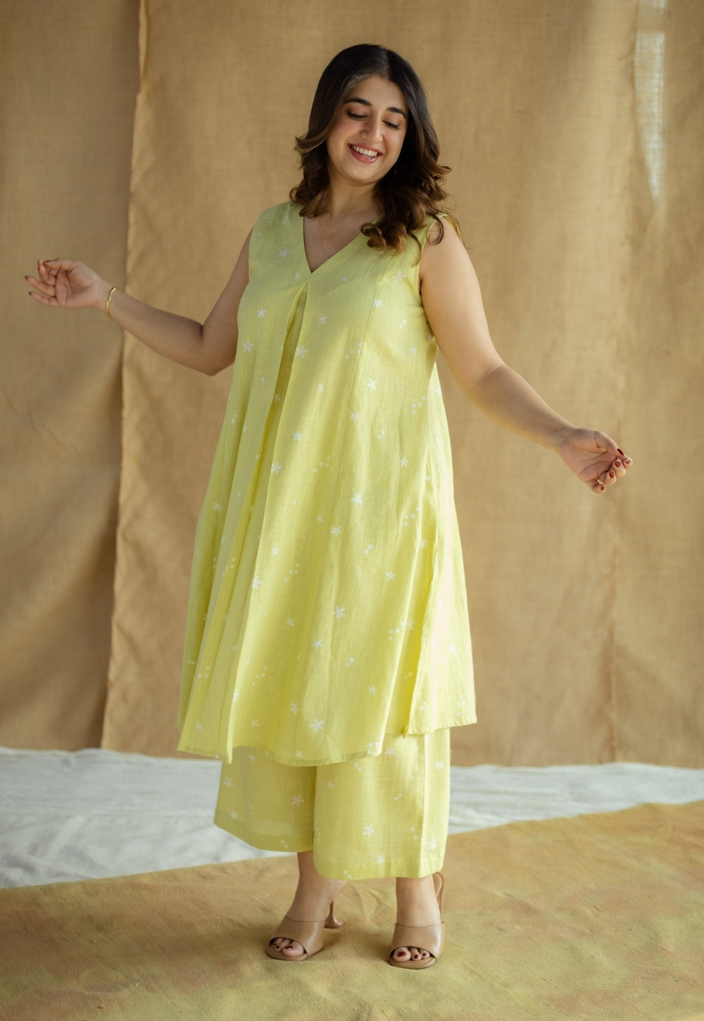 Raahi Lime Green Hand Block Print Slub Cotton A Line Kurta