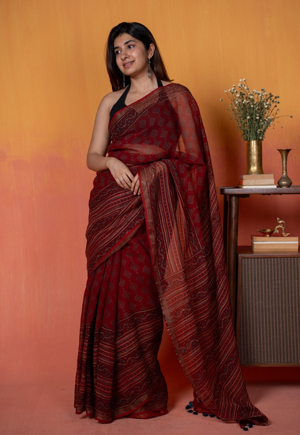 Red Aztec Ajrakh Hand Block Print Kota Doria Cotton Saree
