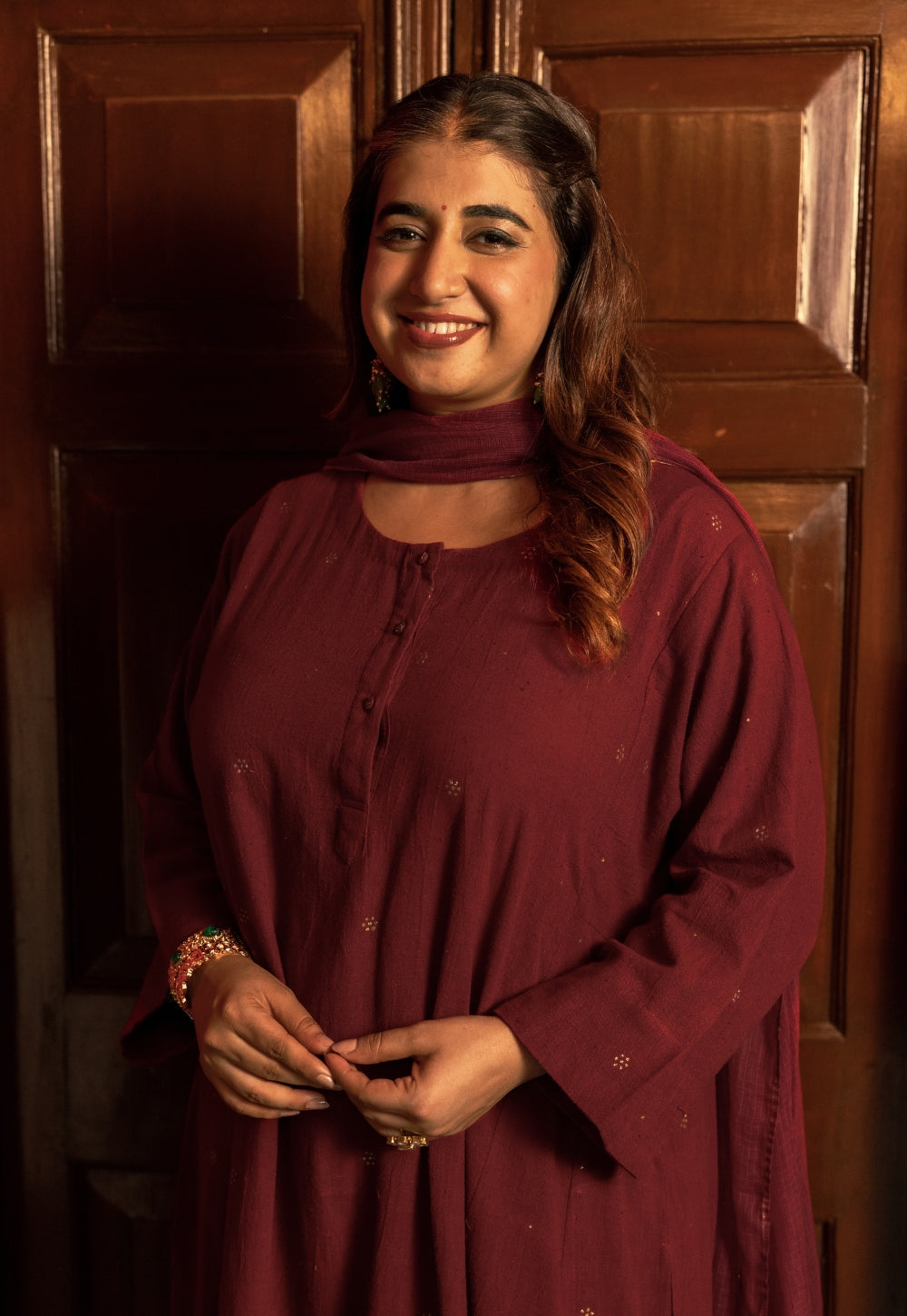 Alizah Maroon Rogan Handblock Printed Cotton Jhabbha Kali Suit Set (Set of 3)