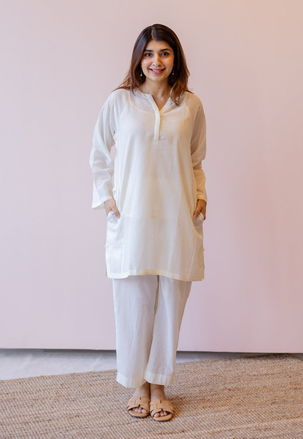 Veda Off White Solid Handloom Cotton A Line Kurta