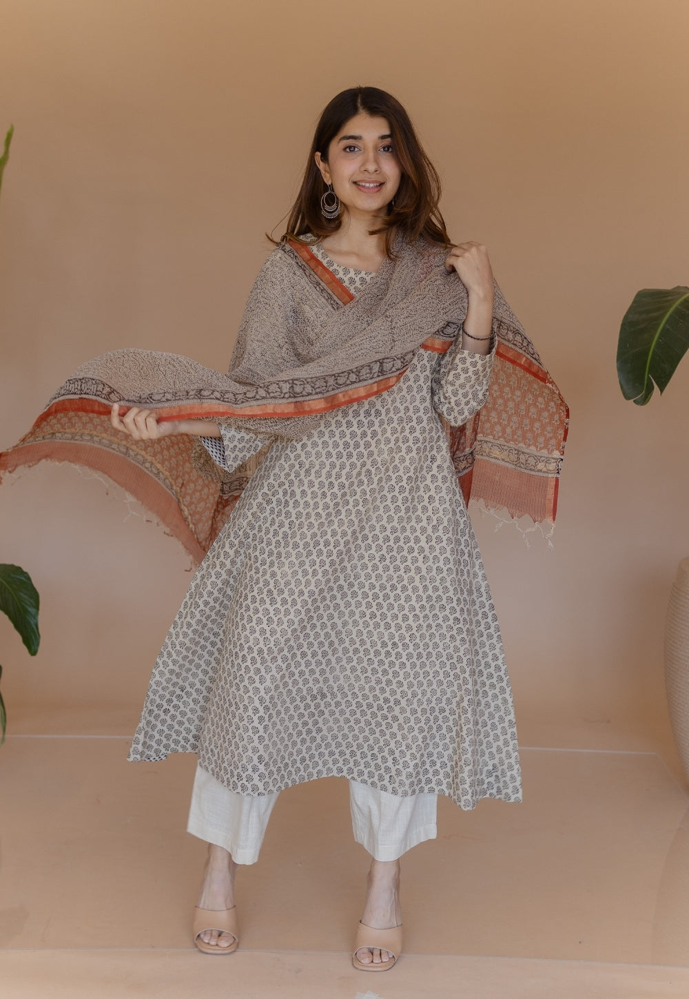 Shriya Off White Bagru Cotton A Line Kurta