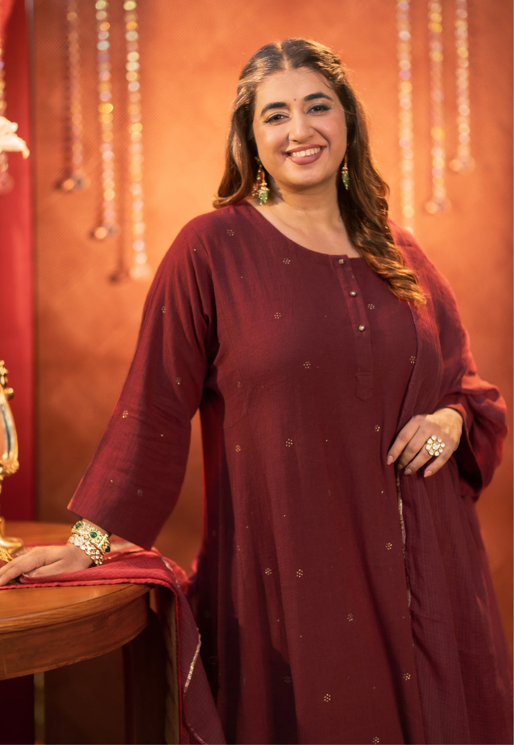 Alizah Maroon Rogan Handblock Printed Cotton Jhabbha Kali Suit Set (Set of 3)