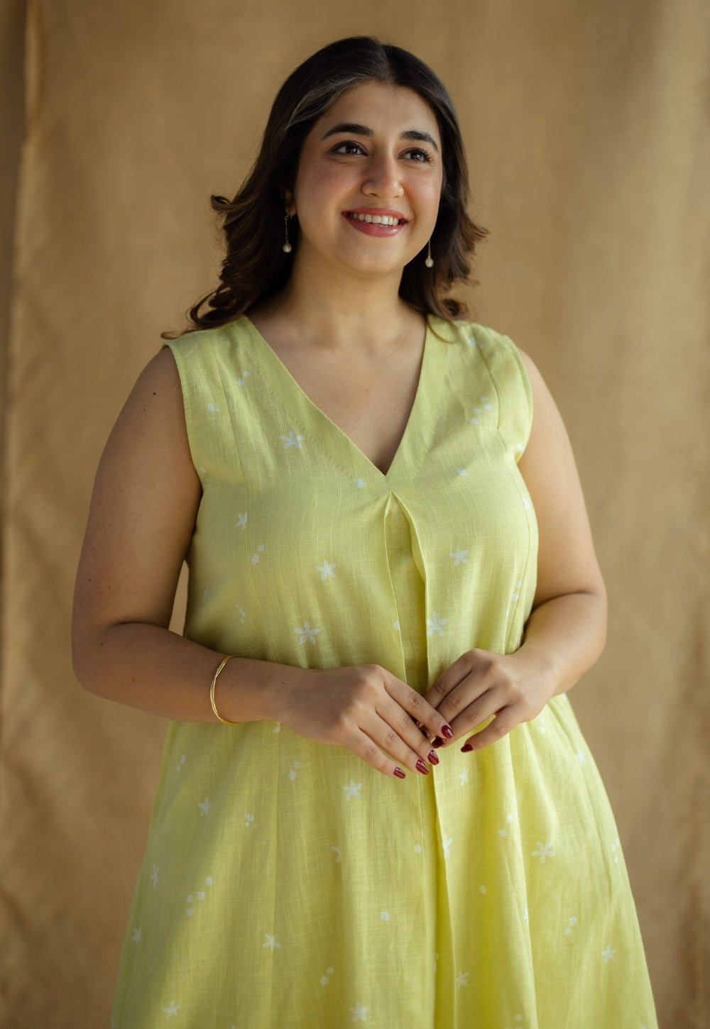 Raahi Lime Green Hand Block Print Slub Cotton A Line Kurta