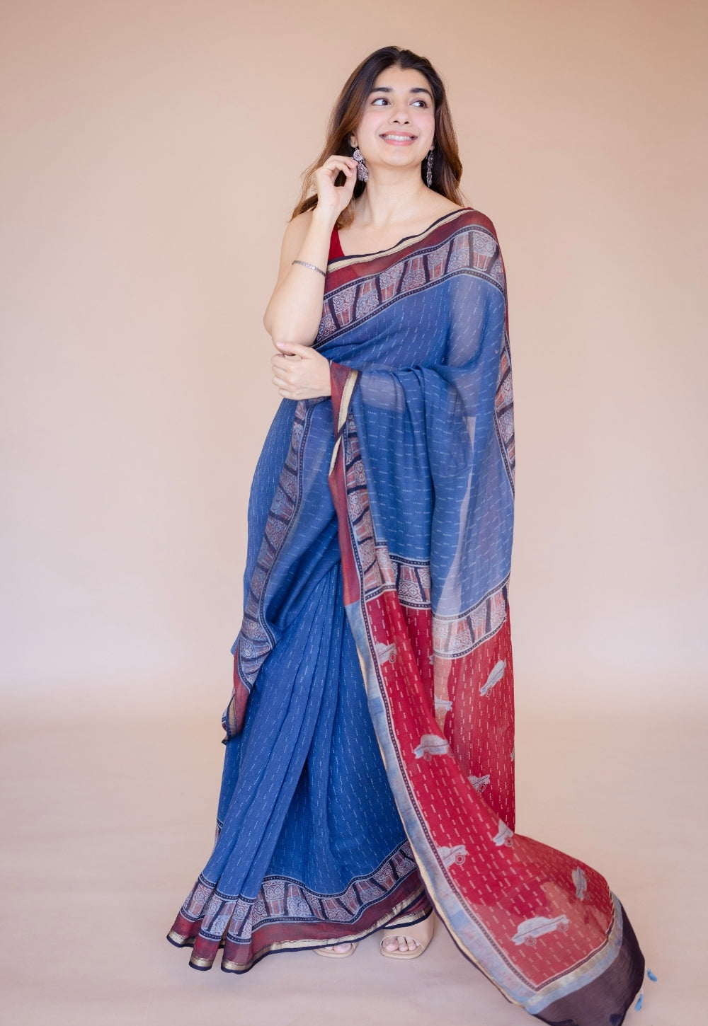 Blue Car Ajrakh Hand Block Print Chanderi Saree