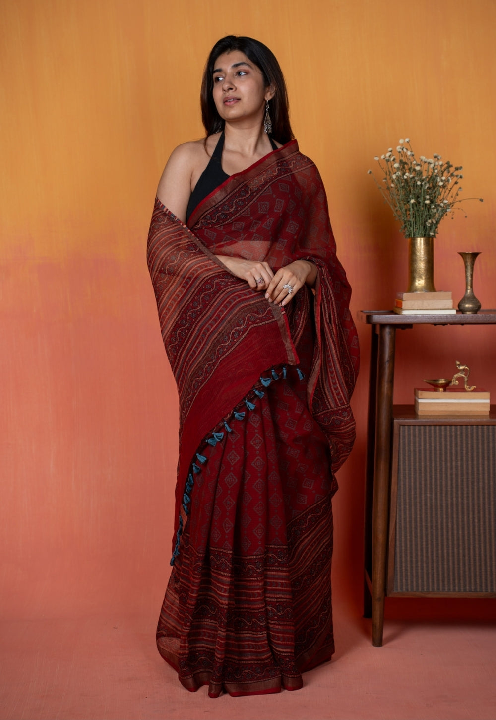 Red Aztec Ajrakh Hand Block Print Kota Doria Cotton Saree